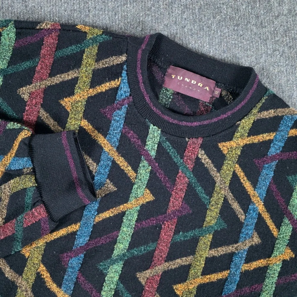 RARE VTG Tundra Canada 3D Knit Sweater Mens XL Geometric Abstract Cosby Colorful